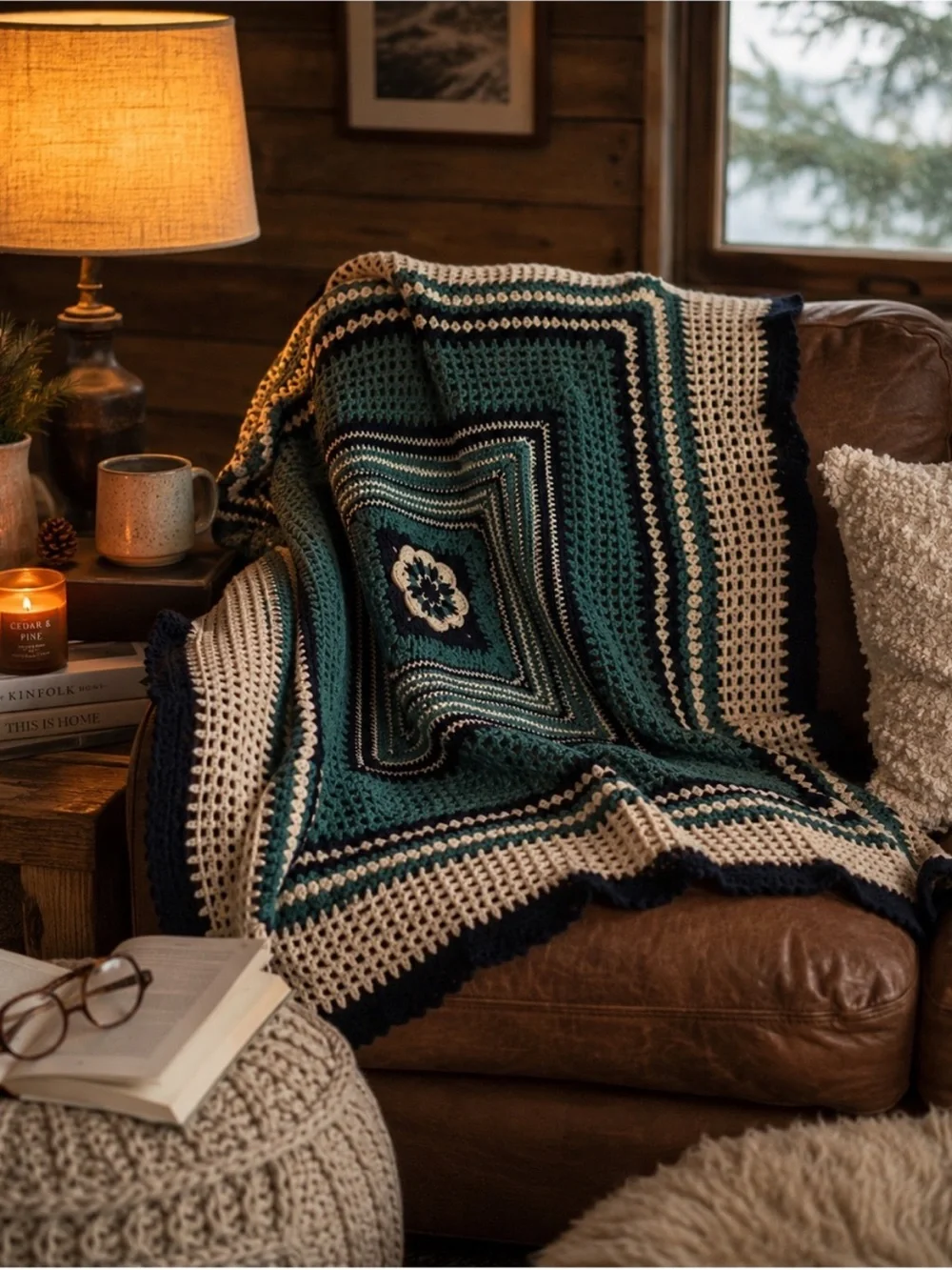 Handmade granny square navy blue teal and cream afghan blanket